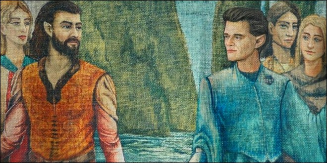 tapisserie représentant Elrond et son frère Elros dans la série Le Seigneur des Anneaux : Les Anneaux de Pouvoir